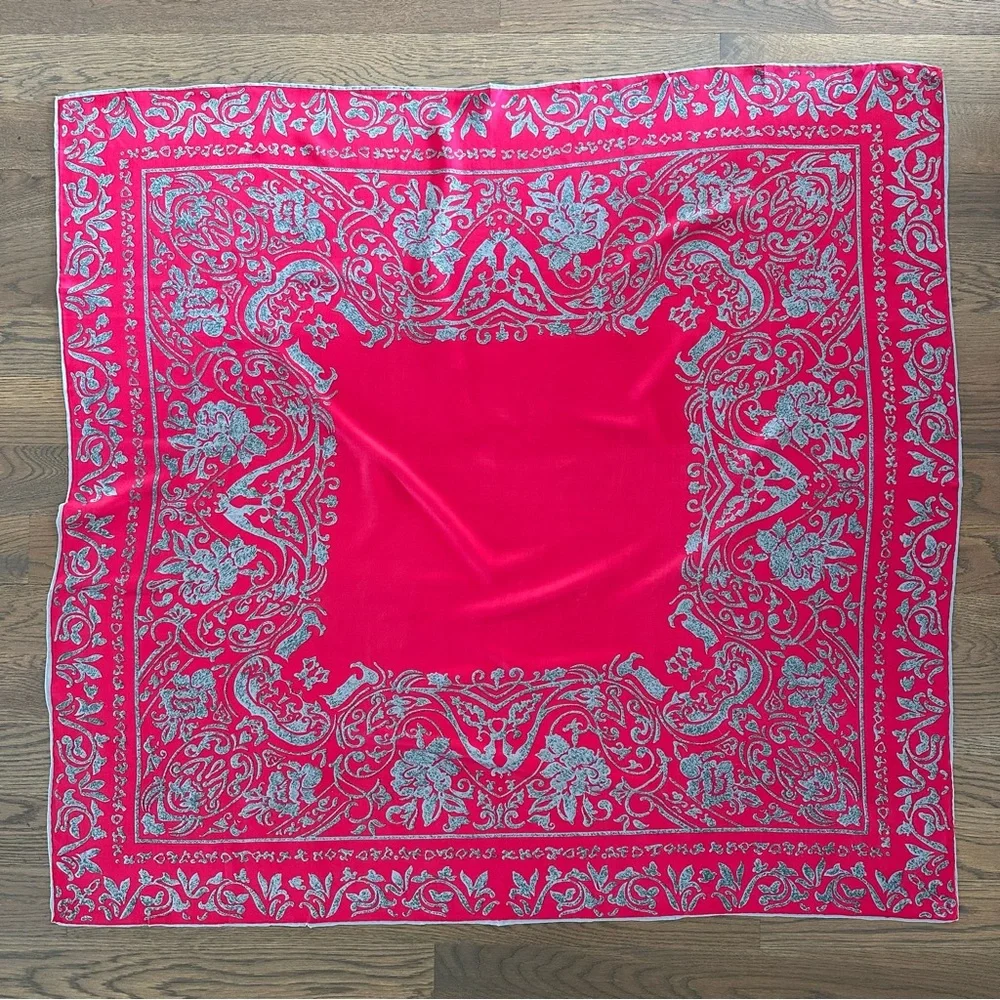 Anthropologie Vintage 100% Silk Paisley Printed Square Scarf Pink and Grey 40